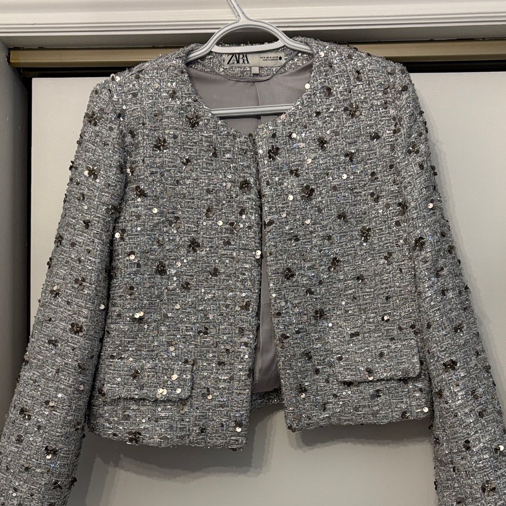 Zara Silver Sequin Tweed Crop Jacket